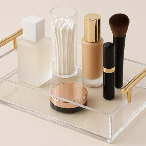 Clear Acrylic Decorative Tray Lucite Cosmetic Makeup Vanity Storage Organizer Box With Sleek Gold Metal Handles
