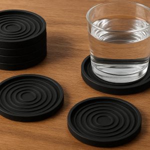 Black Silicone Coasters Round Non Slip Drink Mat Set With Deep Grooves Lip For Kitchen Wood Table