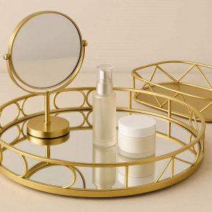Modern Gold Decorative Tray Metal Round Cosmetic Mirror Organizers Elegant Coffee Table Serving Decorative Platter Collection