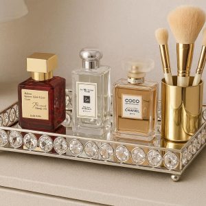 Luxury Mirror Decorative Tray Crystal Vanity Makeup Organizer Perfume Storage Plate For Bedroom Nightstand Decoration Item